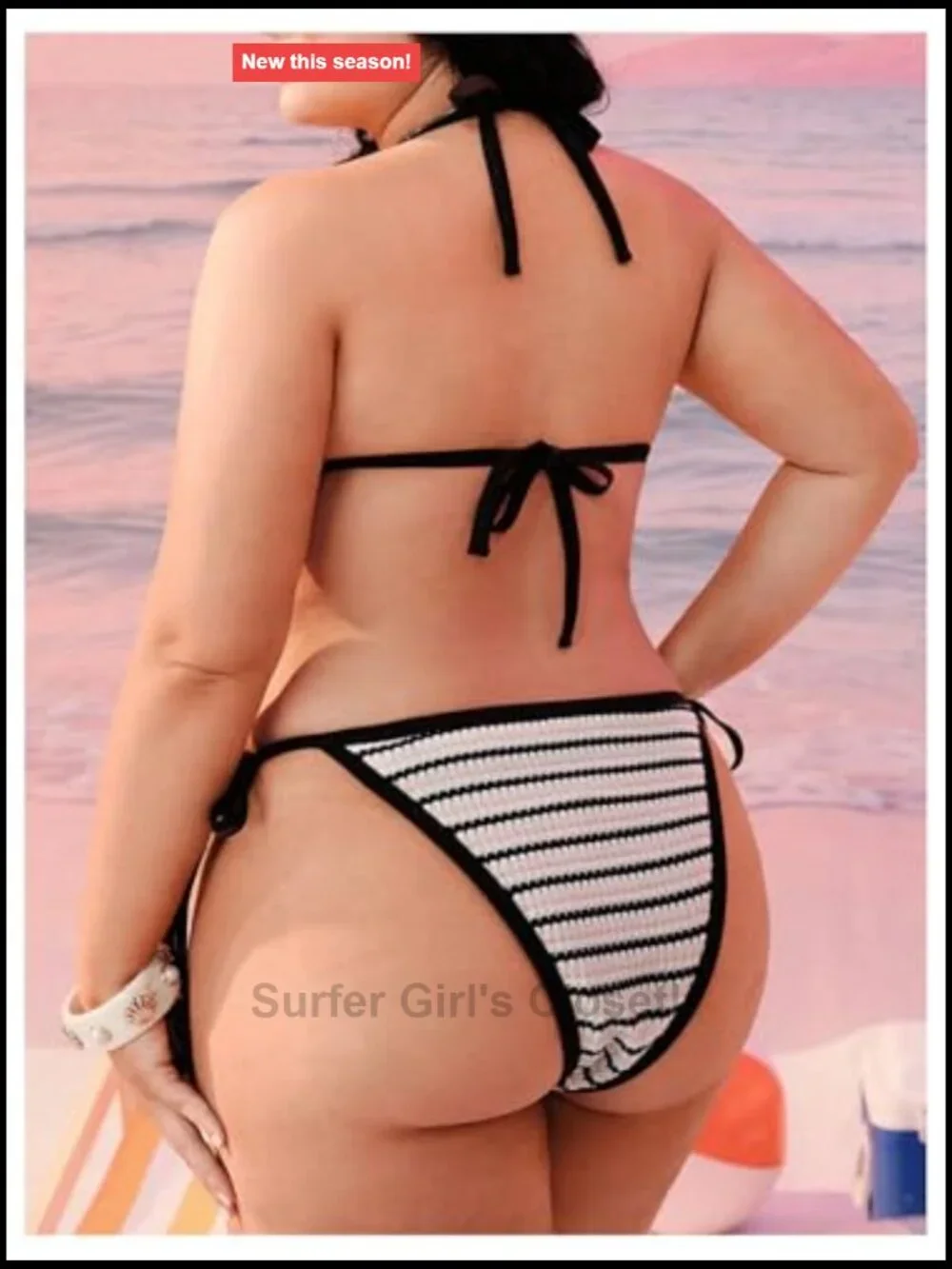 Plus Size Striped String Bikini Triangle Halter Thong Swimsuit Set